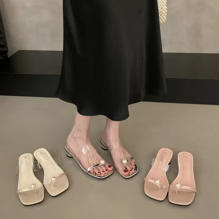 クリアストラップ付き粗いヒールのサンダル【女性用・夏用・パール装飾】