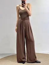 高級リネン製 夏用コーヒーブラウン ワイドレッグパンツ【ゆったりフィット・通勤対応・スリム効果】（セットアップ対応）