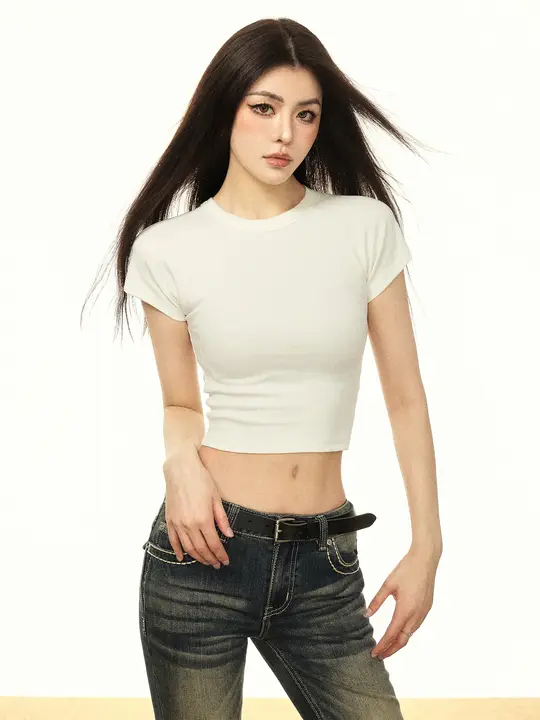 白色コットン短袖Tシャツ【女性用・フィットデザイン・夏用】
