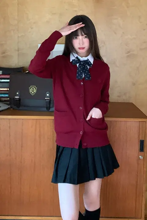 JK制服風 ニットカーディガン【長袖・ワインレッド・アカデミックスタイル】