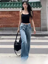 夏用 水洗いブルー広幅デニムパンツ【高腰・ゆったりしたストレート・垂感デザイン】