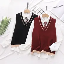 春用薄手Vネックニットベストとブラウスの重ね着スタイル【英国風・女性用】（セットアップ対応）