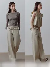 極上の柔らかさのコットン製低ウエストカジュアルパンツ【重工刺繍・アプリコットグレー】（セットアップ対応）