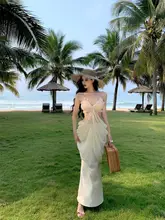 セクシーなビーチリゾートドレス【レースアップ・ウエストシェルデザイン・ロングスカート】（セットアップ対応）