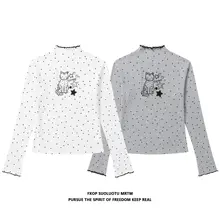 猫柄ドットデザインのハイネック長袖Tシャツ【フリル付き・女性用・短丈】