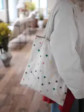 薄手リネン刺繍ドットデザインのトートバッグ【ファッション・女性用・大容量】