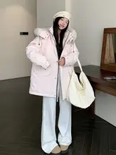 大きいサイズの女性用ピンク色ワークパーカー【白鹅绒・冬用・厚手・カジュアル】