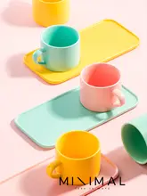 マカロン色の陶器製カフェカップ＆プレートセット【高級感あるデザイン・午後のお茶用・小さめ】