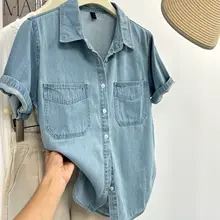 ヴィンテージ風デニムシャツ【ポロ襟・夏用・女性用・ルーズフィット】