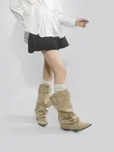 長膝丈の西部風ブーツ【金属ベルトアクセント・皺加工・女性用】