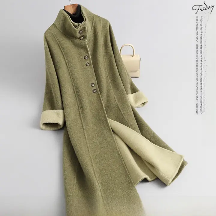 シンプルなデザインの対比カラーウールコート【秋冬向け・ミディ丈・通勤用・スタンドカラー・ジッパー】（セットアップ対応）