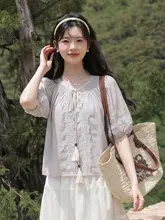 レース切替の五分袖シャツ【フレンチスタイル・柔らかなデザイン】（セットアップ対応）