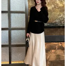 秋の新作エレガントなVネック長袖ブラウス【ルーズフィット・ウエストベルト付き】とスカート（セットアップ対応）