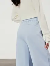 小柄さん向け ハイウエスト薄青ストレートパンツ【極上の柔らかさ・ワイドレッグ・フィット】（セットアップ対応）