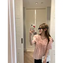 薄手の天絲衬衫【フリル付き・ローズ柄・フレンチスタイル】（セットアップ対応）