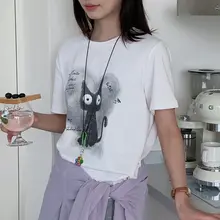 小猫プリントのゆったりラウンドネックTシャツ【春夏用・短袖・カジュアル】