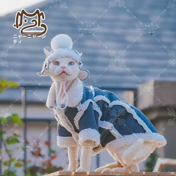無毛猫デザインの加厚暖かフリースジャケット【長袖・カジュアル・耐汚れ】（セットアップ対応）