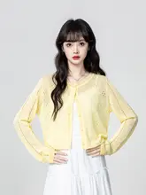 黄色のラウンドネックニットカーディガン【春夏用・薄手・レースデザイン・ショート丈】