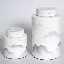 手描きの白い現代新中式陶製デコレーションキャニスター【インテリア・書斎・テレビボード用】