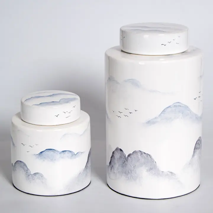 手描きの白い現代新中式陶製デコレーションキャニスター【インテリア・書斎・テレビボード用】