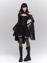 ゴシック風ドレス【ハロウィン用・レトロデザイン・ブラック・ノースリーブ】（セットアップ対応）