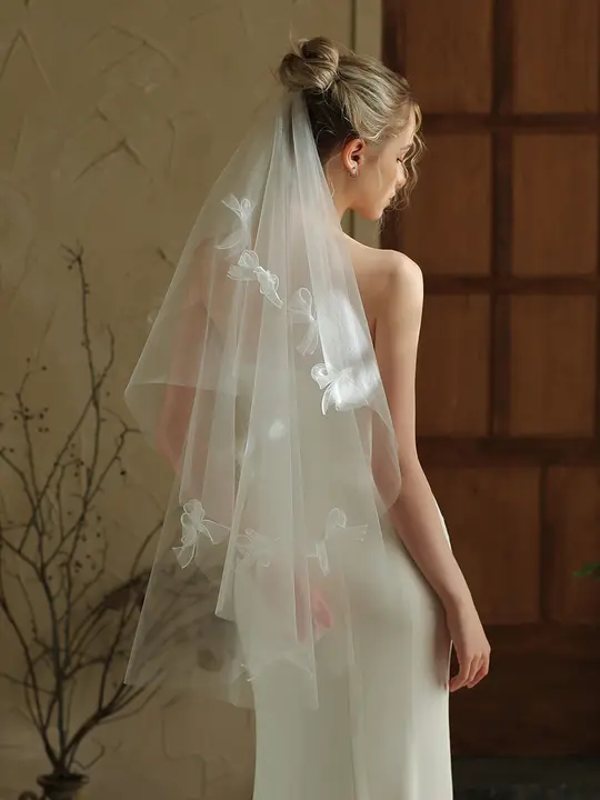 シンプルな白のリボン付きウェディングベール【結婚証明・撮影用】