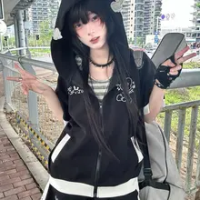 かわいい開襟ジップアップパーカー【アニメスタイル・フード付き・小さな翼・短袖】（セットアップ対応）