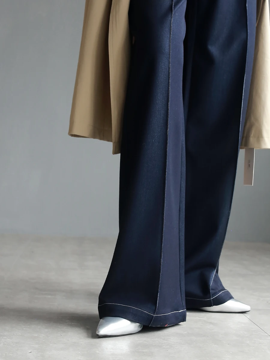 Warmo 高腰ストレートパンツ【深青・女性用・フィット・ロング丈】 春コーデ レディース 通勤スタイルに最適なパンツ