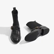 ブラックエラスティックフィット靴【冬用・ニットソックスブーツ・バックル付き・フレンチスタイル】