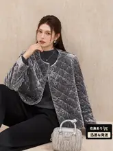 中綿ジャケット レディース 大きいサイズ ベルベット ひし形キルト グレー 着痩せ 上品 あったか 冬
