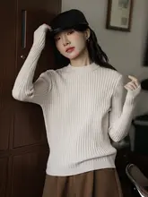 花杏色のレトロなラウンドネック長袖ニットセーター【秋冬用・スリムフィット】