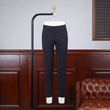 深藍色ストライプのスリムフィットパンツ【英国風・ロールアップデザイン】（セットアップ対応）