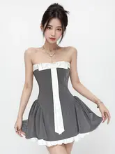 グレーのリボン付きビスチェドレス【Aライン・ウエストシェイプ】