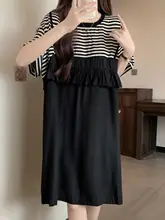 ストライプ柄 半袖 サス付ワンピース【夏用・フィット・大きいサイズ・体型カバー・エレガント】（セットアップ対応）