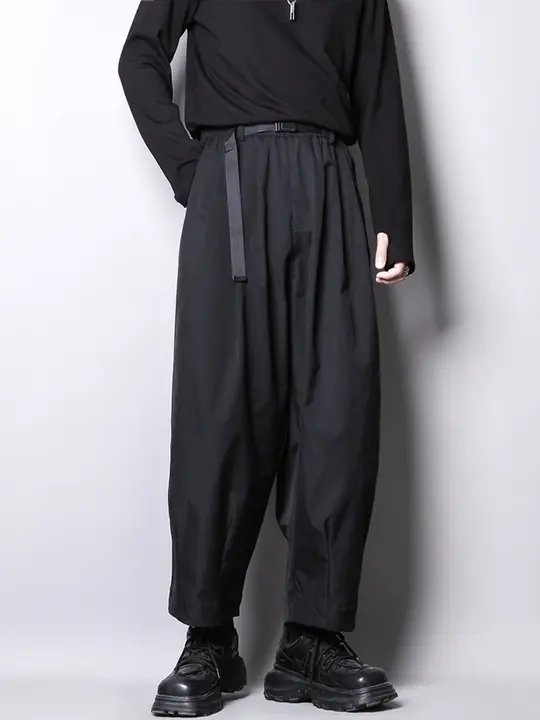 ダーク系レトロデザインのウエストベルト付きハレンワイドパンツ【洗い加工・フィット】（セットアップ対応）
