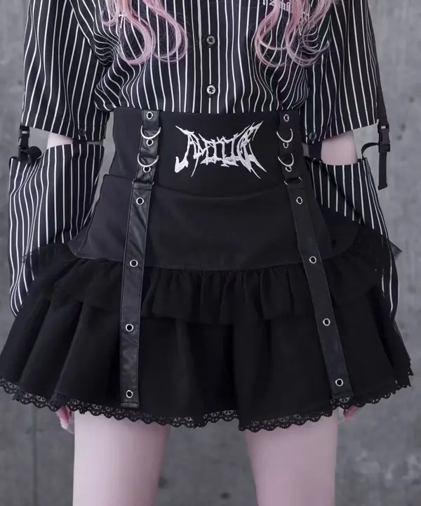 ハイウエスト刺繍レザーボタン付きスカート【ウエストゴム・Aライン・ケーキスカート】