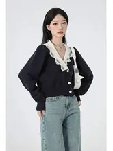 デザイン性に優れたVネックニットカーディガン【春秋用・ショート丈・女性用】