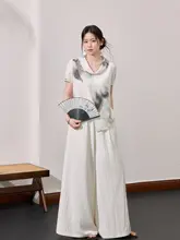 新中 式水墨染めブラウス・スタイルアップのワイドレッグスカートパンツ【夏用・大きいサイズ・気品あるデザイン】（セットアップ対応）