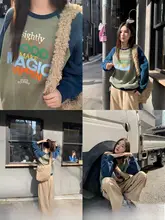 カラーコンビネーションのラグランスリーブ プリントスウェットシャツ【女性用・ゆったりデザイン・春秋用】
