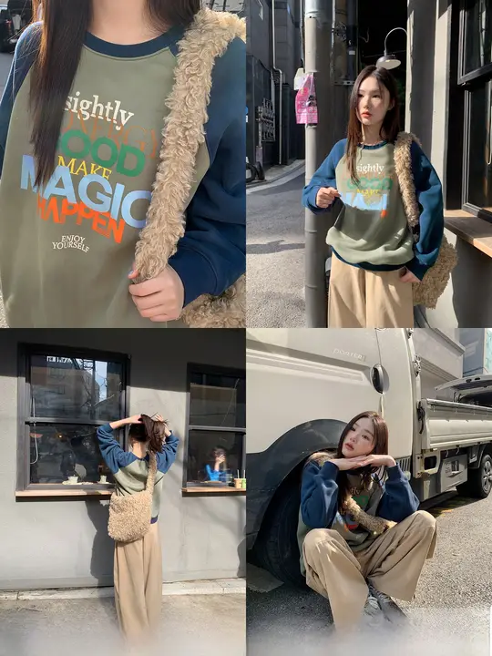 カラーコンビネーションのラグランスリーブ プリントスウェットシャツ【女性用・ゆったりデザイン・春秋用】