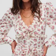 法式ロマンティックフラワープリント長袖ドレス【レースフリル・ウエストマーク・スリムフィット】