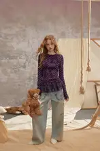 レトロデザイン 長袖Tシャツ【女性用・ドット柄・ウエスト絞り・秋用・ラウンドネック】