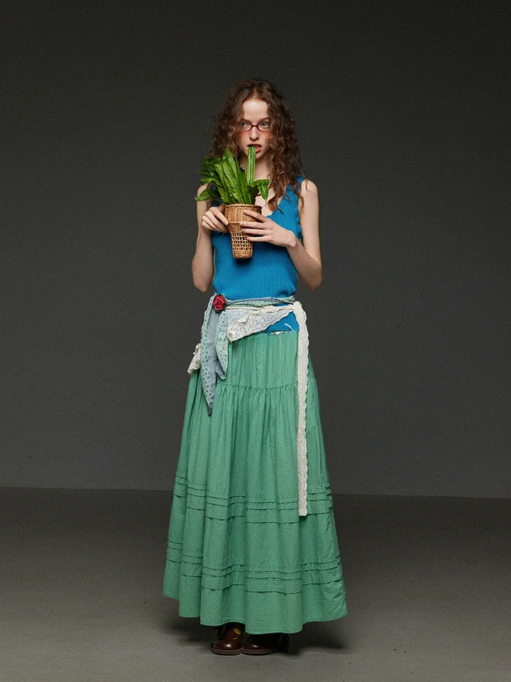 レトロな三色デザインのプリーツAラインスカート【高腰・多層構造・夏用・体型カバー】（セットアップ対応）