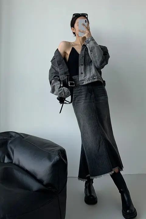 ヴィンテージ風デニムジャケットとフィッシュテールスカート【春用・女性用】（セットアップ対応）