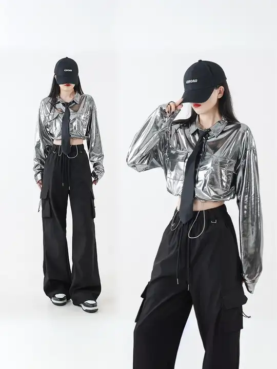 銀色テクスチャーのジャズダンス衣装【クールなスタイル・演出用・広場ダンス・舞台衣装】（セットアップ対応）