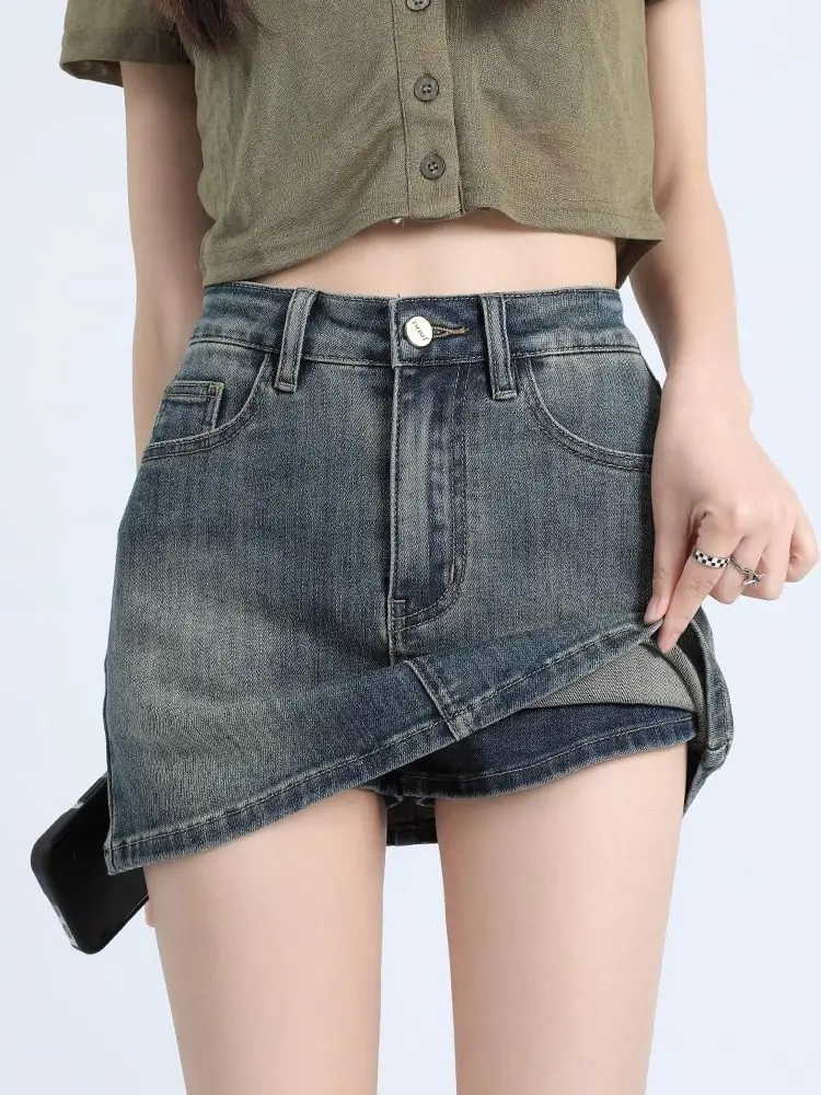 レトロなブルーのハイウエストデニムミニスカート【フィット感あるAライン・女性用・夏用】