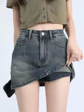 レトロなブルーのハイウエストデニムミニスカート【フィット感あるAライン・女性用・夏用】