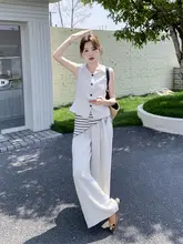 米白色の高級感あるスーツベストとワイドパンツ【夏用・カジュアル・女性用】（セットアップ対応）