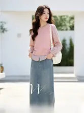 春の新作！ストライプデザインの長袖トップスとデニムスカート【大きいサイズ・女性用】（セットアップ対応）