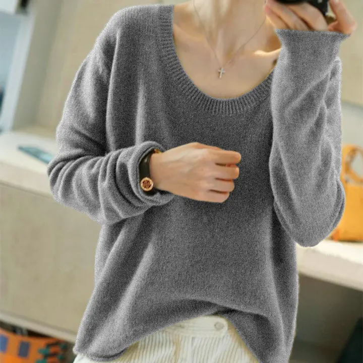 シンプルでありながら洗練されたデザイン！大きなラウンドネックの羊毛セーター【女性用・極上の柔らかさ・カジュアル】（セットアップ対応）
